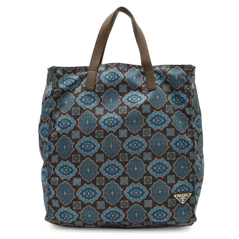 PRADA Triangle Tessuto Stampat Tote Bag, Nylon Leather, Navy Blue Brown